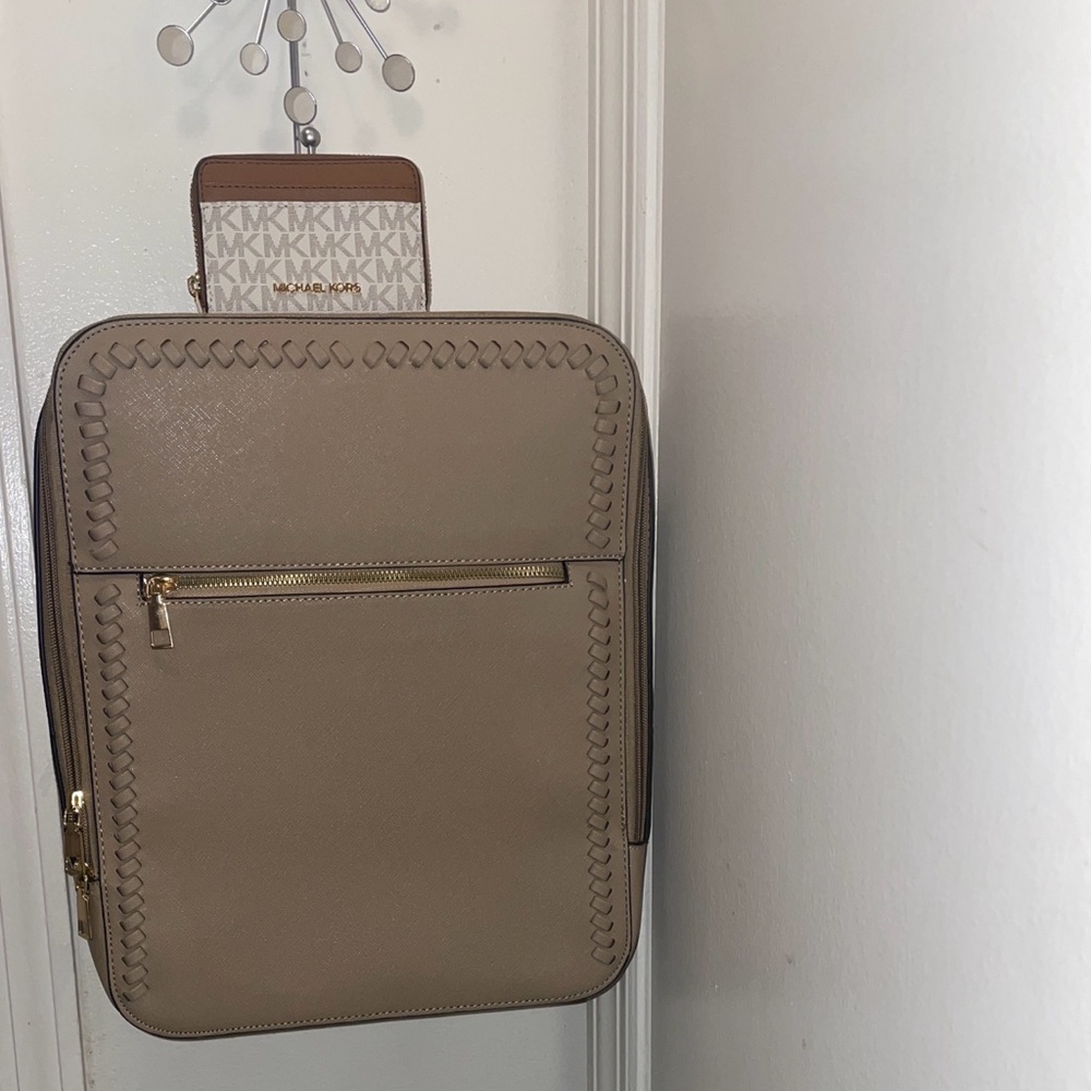 Tan back pack with Michael kors card holder bundle